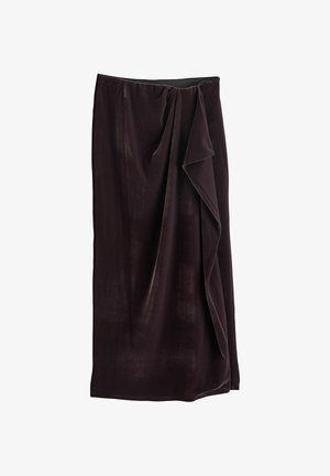 Tmavo fialová zamatová sukňa s drapovaným dizajnom vpredu, strednej dĺžky, s hladkou textúrou a elastickým pásom.