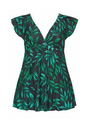 Vestido corto negro con estampado de hojas verdes, escote en V profundo, mangas con vuelos y detalle de cintura fruncida.