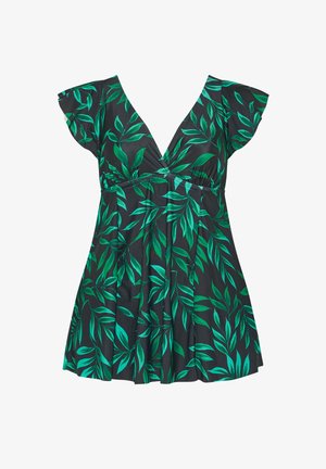 Schwarzes kurzes Kleid mit grünem Blattdruck, tiefem V-Ausschnitt, schwingenden Ärmeln und gerafften Taillendetails.