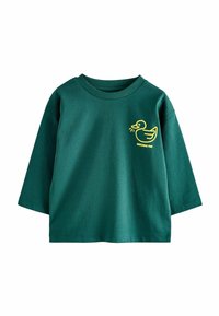 Sweat-shirt en coton vert à coupe décontractée, col côtelé et manches trois-quarts. Présente un graphique de canard jaune et le texte "Quacking Fun."