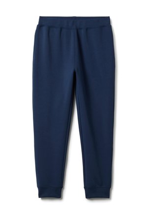 Marineblaue, zulaufende Jogginghosen mit elastischem Bund und Bündchen an den Knöcheln, hergestellt aus weichem Stoff für legere Freizeitkleidung.