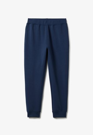 Marineblaue, zulaufende Jogginghosen mit elastischem Bund und Bündchen an den Knöcheln, hergestellt aus weichem Stoff für legere Freizeitkleidung.