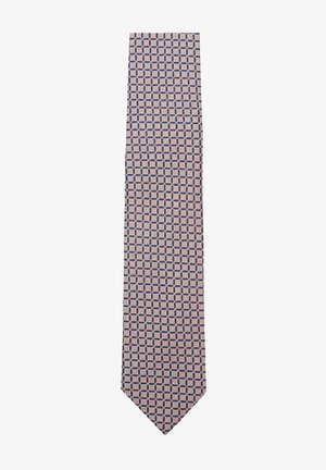 Patterned necktie in pink and navy, featuring geometric squares and rectangles. Made of fabric with a smooth texture and pointed end.