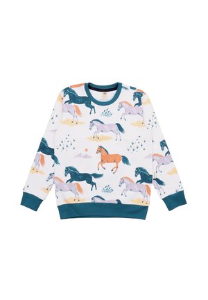 Sweatshirt with a white base, featuring colorful horse patterns in shades of blue, pink, and orange. Finished with a turquoise ribbed neckline and hem.