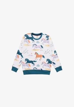 Sweatshirt mit weißem Grund, das farbenfrohe Pferdemuster in Blau-, Pink- und Orangetönen zeigt. Mit einem türkisfarbenen Rippenkragen und Saum abgeschlossen.