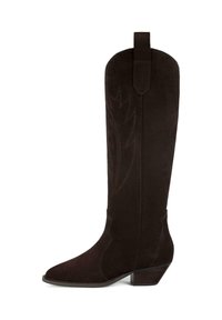 Bottes de cow-boy en daim marron avec un bout pointu, un talon bas empilé et une couture décorative sur le dessus. Équipées d'une languette pour un enfilage facile.