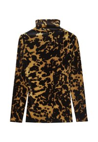 Maglietta a manica lunga con colletto alto in tessuto morbido, caratterizzata da un motivo leopardato nero e oro, con una silhouette aderente e una leggera elasticità.
