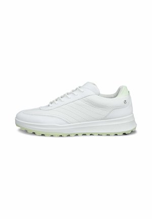 Witte sportschoenen met een gestructureerde leren bovenkant, een veterontwerp en een lichtgroene rubberen zool met kleine gripnoppen.