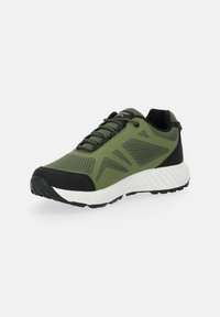Athletic shoes in olive green with black accents. Made of synthetic mesh, featuring a textured upper, laces, and a white, cushioned sole.