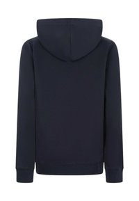 Felpa a maniche lunghe di colore blu navy con maniche a polsino e cappuccio, mostrata su uno sfondo bianco.