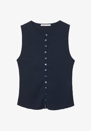 Haut sans manches de couleur marine en tissu texturé, doté d'un col rond et d'une patte de boutonnage à l'avant avec neuf boutons bleus.