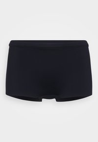 Sorte svømmedrakter laget av elastisk materiale, med midjehøyde som sitter midt på hoften, enkelt design og en glatt tekstur.