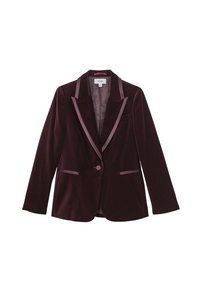 Burgundi bársonyból készült blézer selyem díszítéssel, elegáns hajtókával, egy gombos zárással és két elülső zsebbel. Sima textúra.