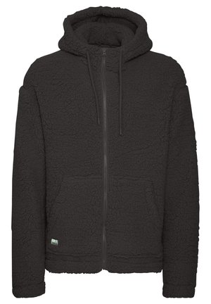 Sudadera con capucha de forro polar negro, con exterior texturizado, cierre completo en la parte delantera y bolsillos tipo canguro. Cuenta con capucha ajustable con cordón y puños lisos.