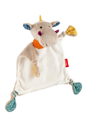 Plush cow infant comforter with cream fabric, orange scarf, blue ears, and patterned teal corners. Features a textured surface and soft details.