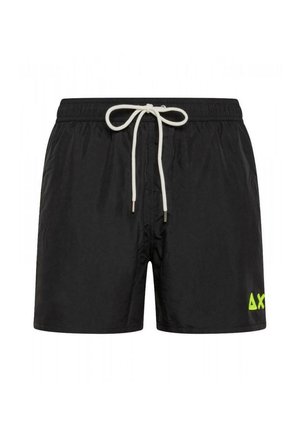 Costume da bagno nero con vita regolabile tramite coulisse, dotato di cordoncino bianco e logo verde lime in basso a destra. Materiale liscio e leggero.