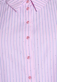 Lichtroze blouse met verticale blauwe strepen en zilveren stippenversiering. Voorzien van een klassieke kraag en roze knopen.