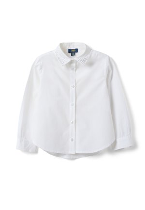 Wit overhemd met lange mouwen en knopen, met een puntige kraag voorzien van kleine geperforeerde details, weergegeven op een witte achtergrond.