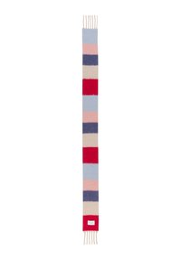 Wool scarf featuring alternating stripes in red, blue, pink, and cream, with fringed ends and a small brand label at one end.