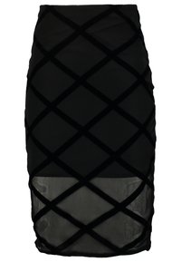 Musta kynähame, jossa on läpinäkyvä alaosa ja suuri samettinen ristikkokuvio, joka kattaa koko hameen.