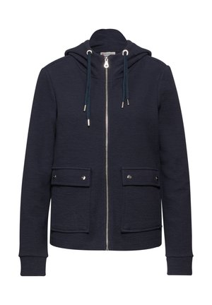 Marineblauwe hoodie van een textuurstof, met een rits aan de voorkant, twee drukknoop borstzakken en koordjes aan de capuchon.