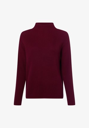 Bordeauxkleurige ribgebreide trui met een hoge hals, lange mouwen en zijsplitten. Heeft een gestructureerde stof en een ontspannen pasvorm.