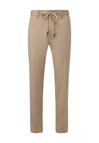 Beige Hose mit elastischem Bund, Kordelzug und Knopfverschluss. Das Material ist weich im Griff, mit geradem Bein und ohne sichtbare Muster.