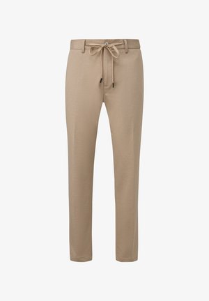 Beige broeken met een elastische taille, trekkoord en knoopsluiting. Materiaal is zacht van textuur, met een rechte pijp en zonder zichtbare patronen.