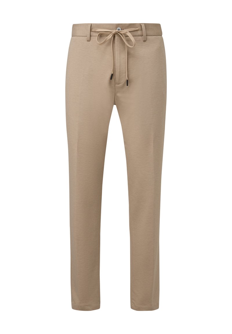 Beige Hose mit elastischem Bund, Kordelzug und Knopfverschluss. Das Material ist weich im Griff, mit geradem Bein und ohne sichtbare Muster.