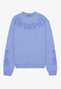 Ljusblå sweatshirt med blommönster broderat på axlarna och ärmarna, texturerad tyg, rund halsringning och ribbade muddar.