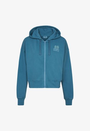 Teal, cropped zip-up hoodie made of soft fabric. Features a drawstring hood and a printed logo design on the chest. Ribbed cuffs and hem.