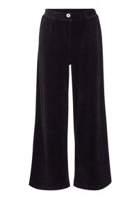 Pantalons en corduroy à jambes larges de couleur noir foncé. Comprend des plis sur le devant, une fermeture à un bouton et une finition douce et texturée.
