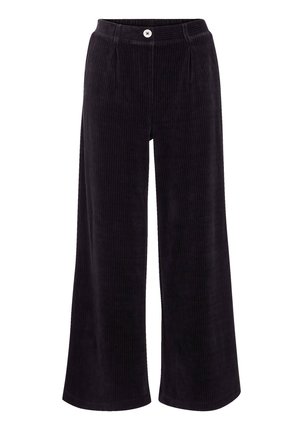 Pantaloni a gamba larga in corduroy neri scuri. Presentano pieghe frontali, una chiusura con bottone singolo e una finitura morbida e testurizzata.