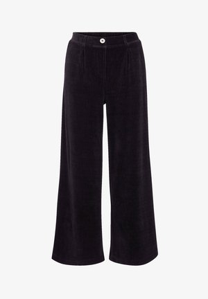 Weite Cordhosen aus dunkel Schwarz. Mit vorderen Falten, einem einzelnen Knopfverschluss und einer weichen, strukturierten Oberfläche.