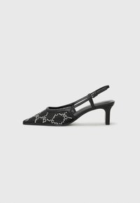Black slingback heels with a pointed toe, featuring a beaded pattern on the upper. The heel is approximately 5 cm tall.