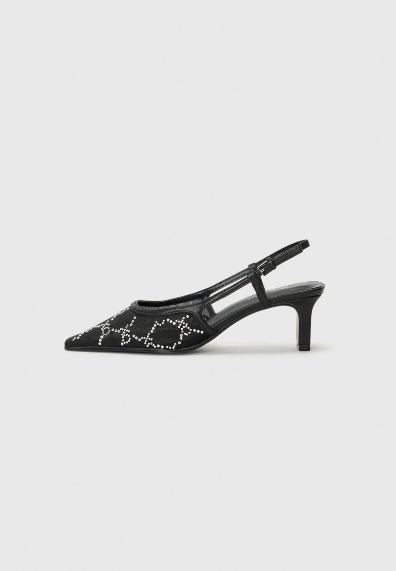 Black slingback heels with a pointed toe, featuring a beaded pattern on the upper. The heel is approximately 5 cm tall.