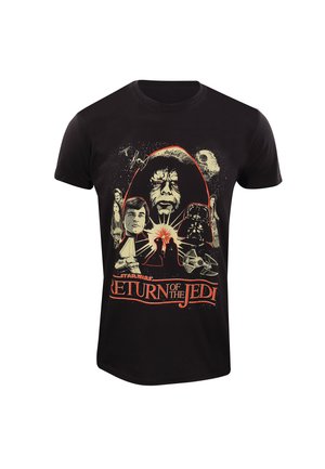 Schwarzes Baumwoll-T-Shirt mit Grafik "Die Rückkehr der Jedi-Ritter". Das Design umfasst farbenfrohe Charaktere und Elemente aus dem Star-Wars-Universum.