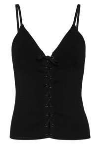 Zwarte gebreide camisole met een diepe V-halslijn, voorzien van een veterfront met metalen oogjes, dunne verstelbare banden en een aansluitend ontwerp.