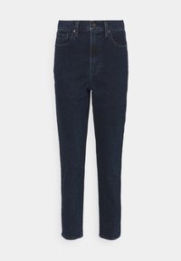Mörkblå högmidjade slim fit-jeans med framknapp och dragkedja, fram- och bakfickor, visade på en enfärgad vit bakgrund.