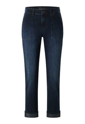 Dunkelblaue Jeans mit geradem Schnitt, ausgestattet mit zwei Vordertaschen und umgeschlagenen Säumen. Der Stoff hat eine glatte Textur und ein klassisches Design.