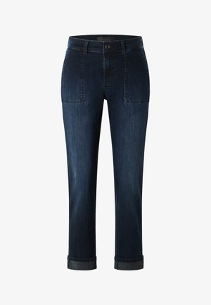 Dark blue denim trousers with a straight cut, featuring two front pockets and rolled cuffs. The fabric has a smooth texture and classic design.