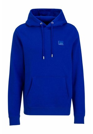 Blauwe hoodie van zachte stof, voorzien van een kangoeroezak, trekkoordjes en een klein logo-opdruk op de borst. Klassiek ontwerp met geribbelde manchetten.