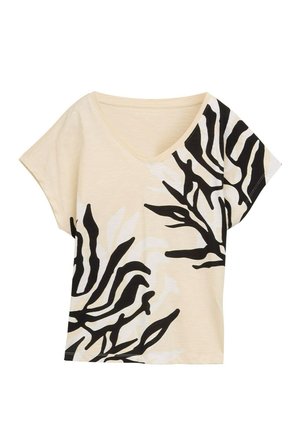 T-maica s kratkimi rokavi z V-izrezom, bež tkanina z abstraktnim vzorcem v črni in beli barvi, sproščen kroj, mehak tekstura, vsakdanji dizajn z drznimi kontrastnimi akcenti.