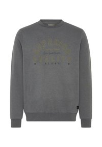 Sweatshirt gris à col ras du cou avec des poignets et un ourlet côtelés, présentant le texte "QUALITÉ SUPÉRIEURE" en impression jaune et noire à l'avant.