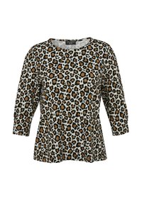 Leopardprint top met een ronde halslijn, driekwartmouwen en een uitlopende uitstraling. Gemaakt van zachte stof in tinten van zwart, beige en bruin.