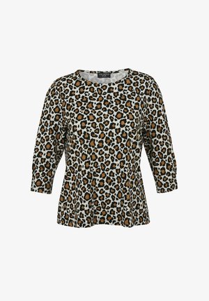 Leopard print top with a round neckline, three-quarter sleeves, and a flared silhouette. Made of soft fabric in shades of black, beige, and brown.