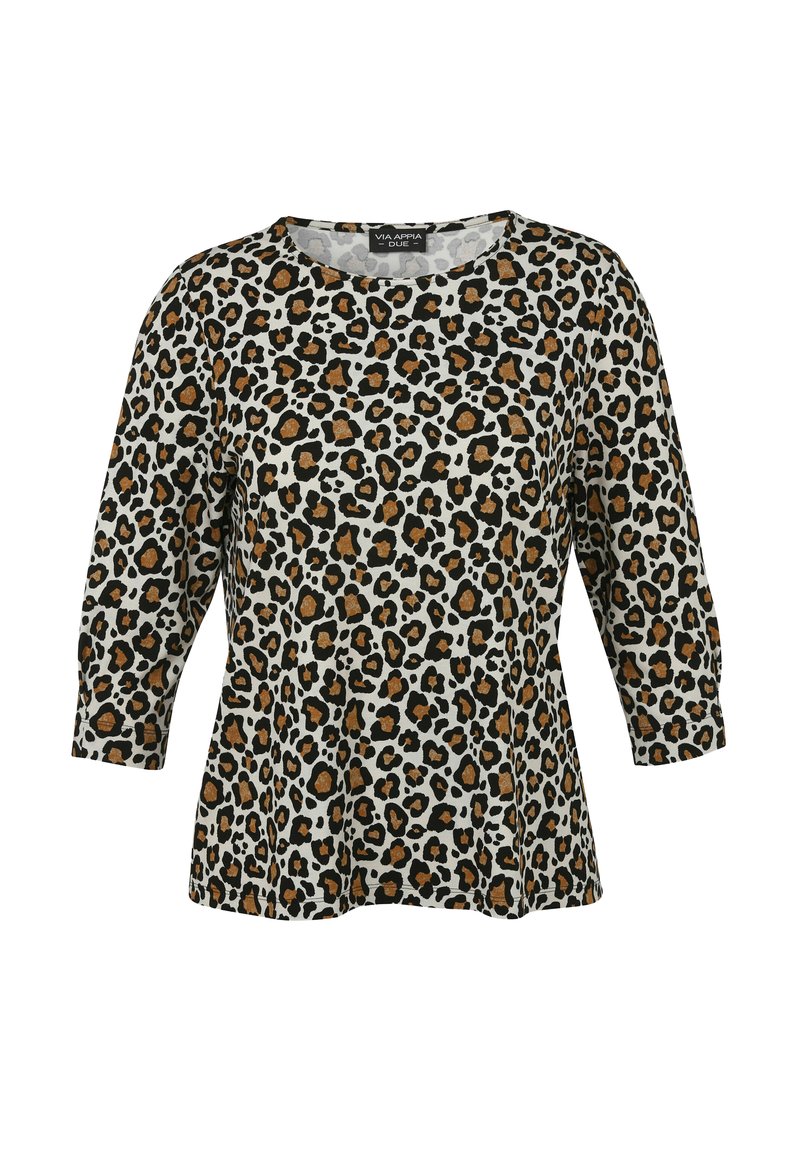 Leopardprint top met een ronde halslijn, driekwartmouwen en een uitlopende uitstraling. Gemaakt van zachte stof in tinten van zwart, beige en bruin.