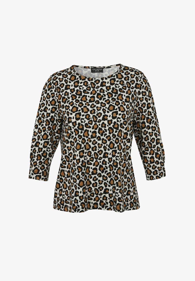 Leopardenmuster-Oberteil mit Rundhalsausschnitt, 3/4-Ärmeln und ausgestellter Silhouette. Hergestellt aus weichem Stoff in Schwarz-, Beige- und Brauntönen.