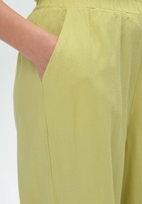Jasnozielone spodnie o gładkim, teksturowanym materiale mają boczne kieszenie oraz elastyczny pas, co podkreśla luźny krój i minimalistyczny design.