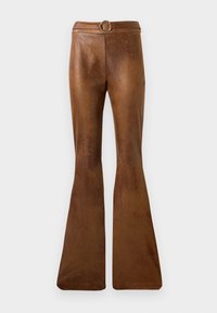 Brown, flared leg pants made of a textured material. Features a smooth waistband with a circular, metallic belt buckle detail.